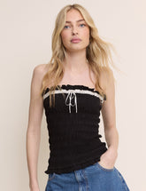 Black Ruffle Trim Shirred Bandeau Top