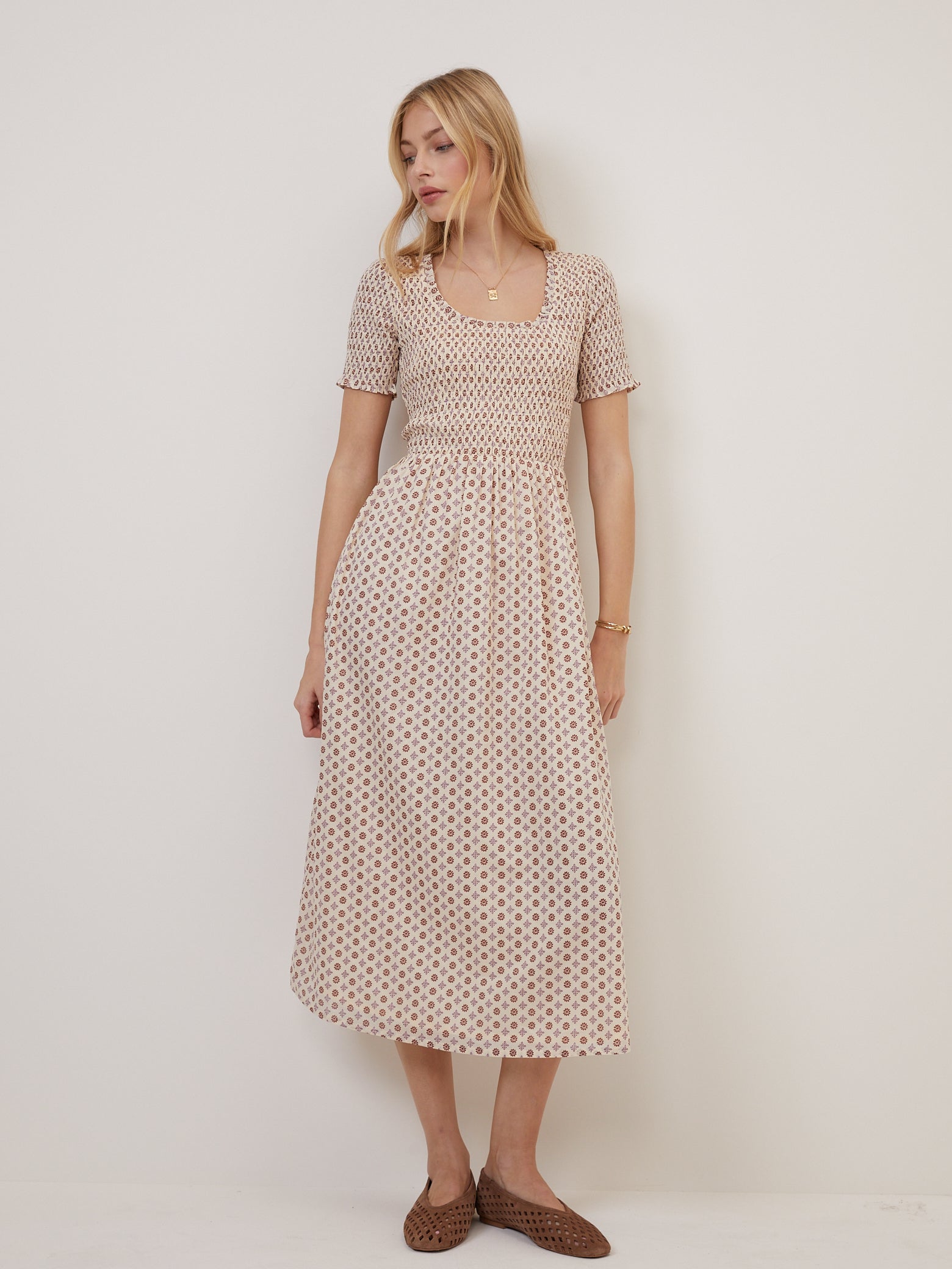 Beige Floral Zita Midi Dress