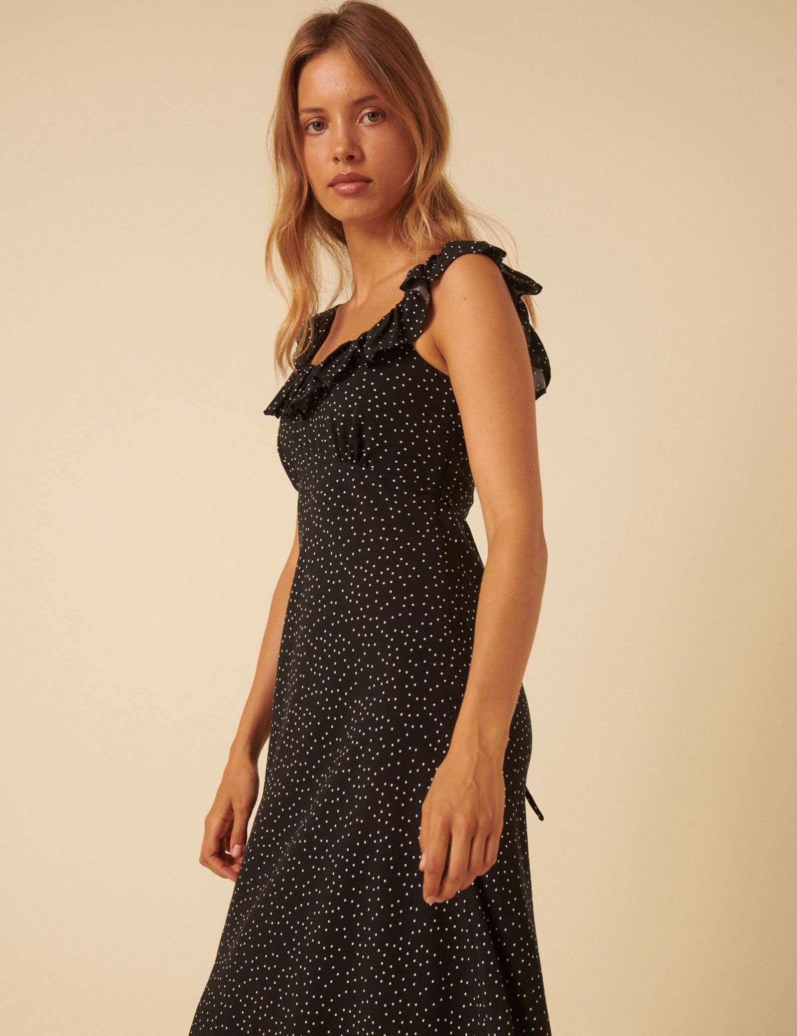 Black Polka Dot Ruffle Trim Libby Midi Dress