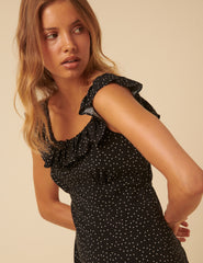 Black Polka Dot Ruffle Trim Libby Midi Dress