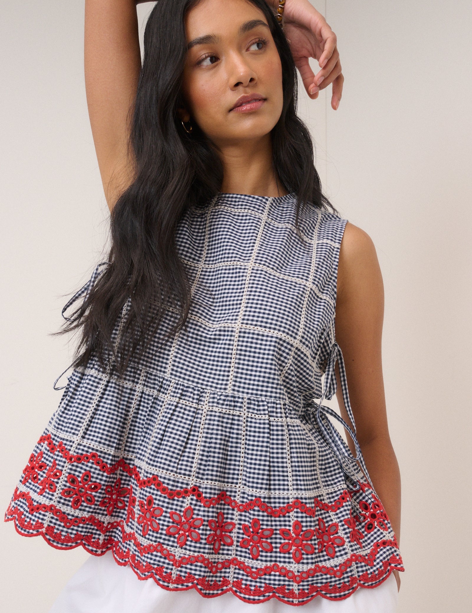 Black Gingham Embroidered Top & Trousers Set