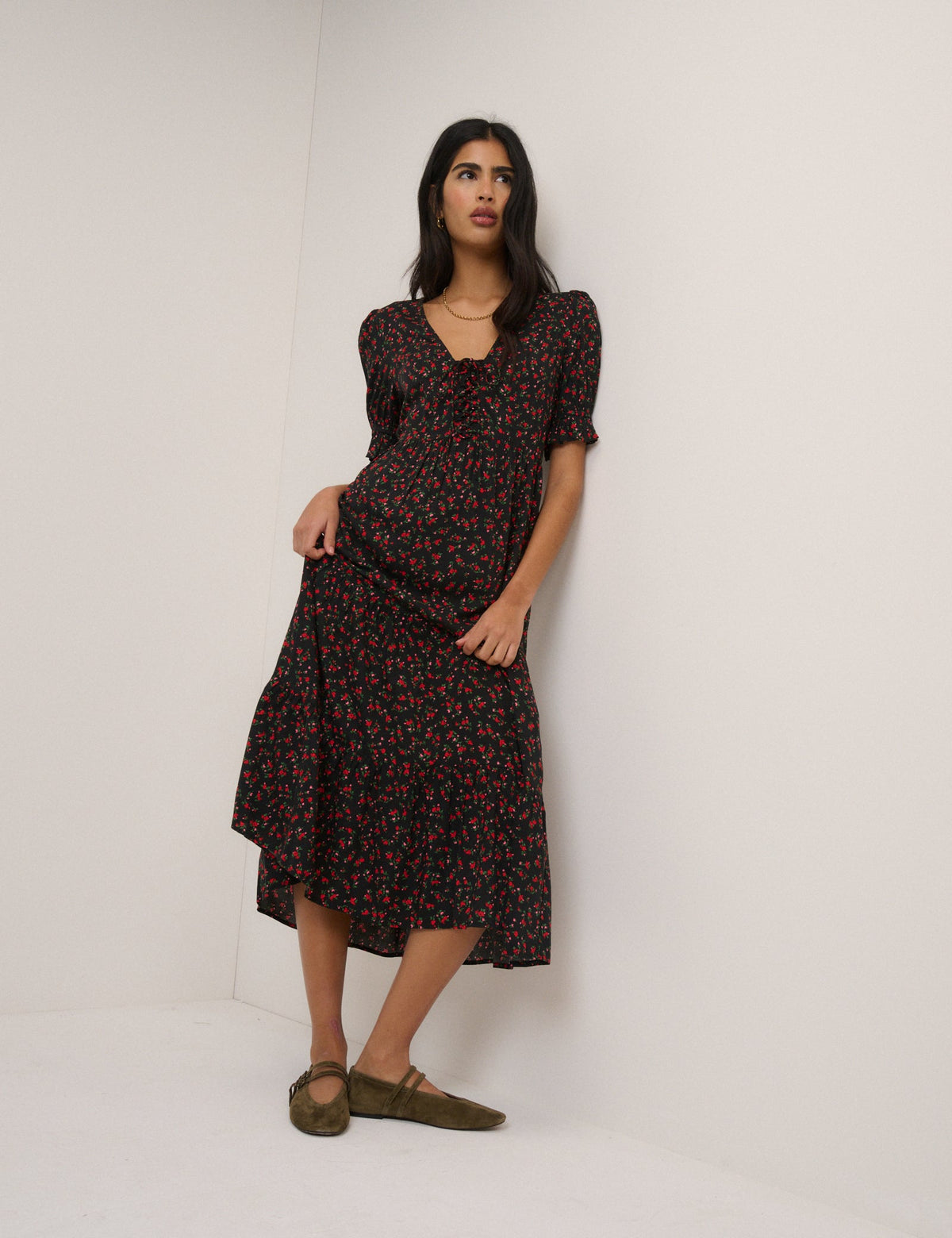 Black Floral Tiered Lia Midi Dress