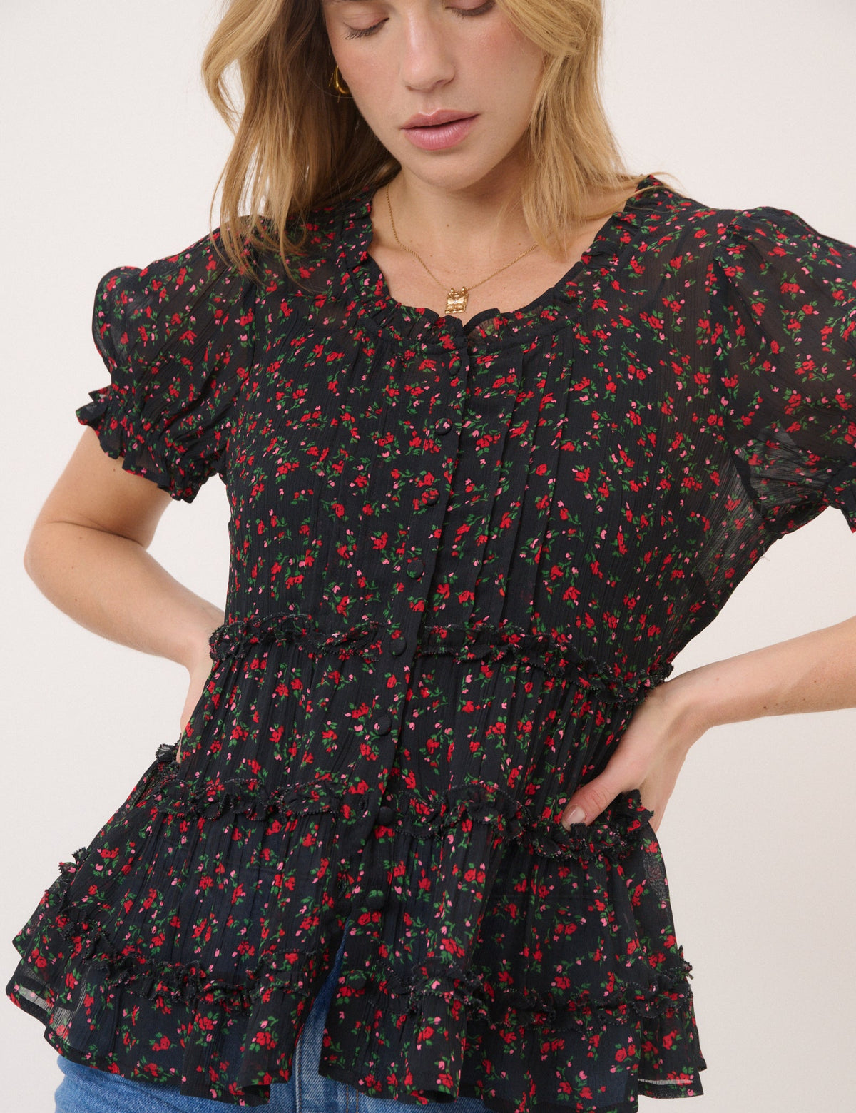 Black Floral Scoop Neck Top