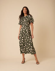 Black Floral Madeira Frill Sleeve Midi Dress