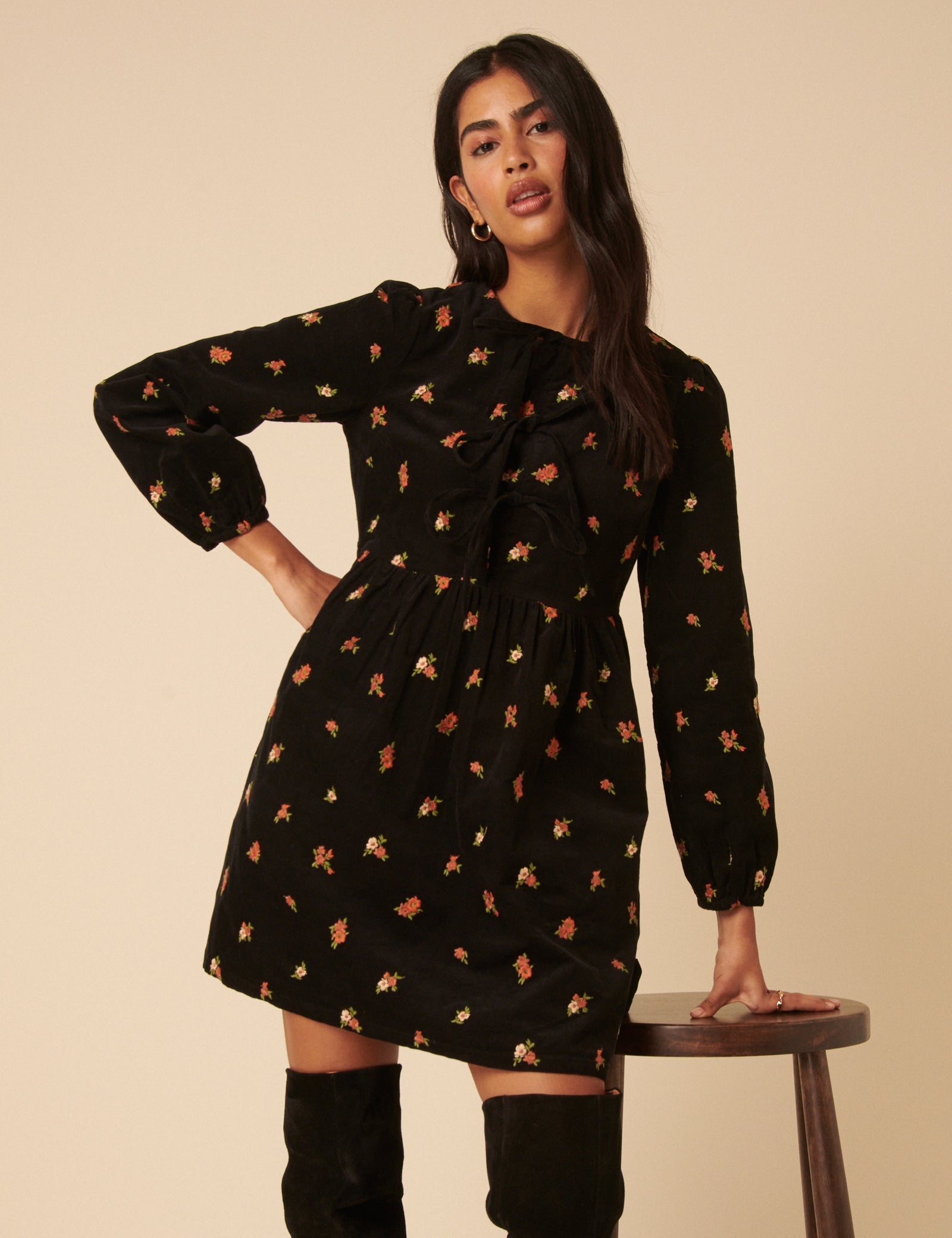 Black Floral Embroidered Tie-front Cord Eden Mini Dress