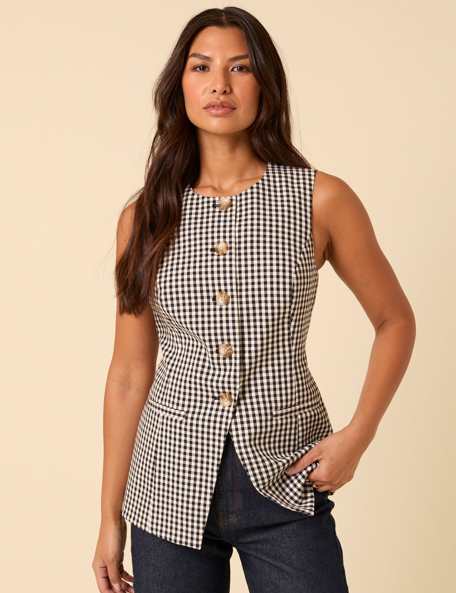 Black Gingham Longline Crew Neck Waistcoat